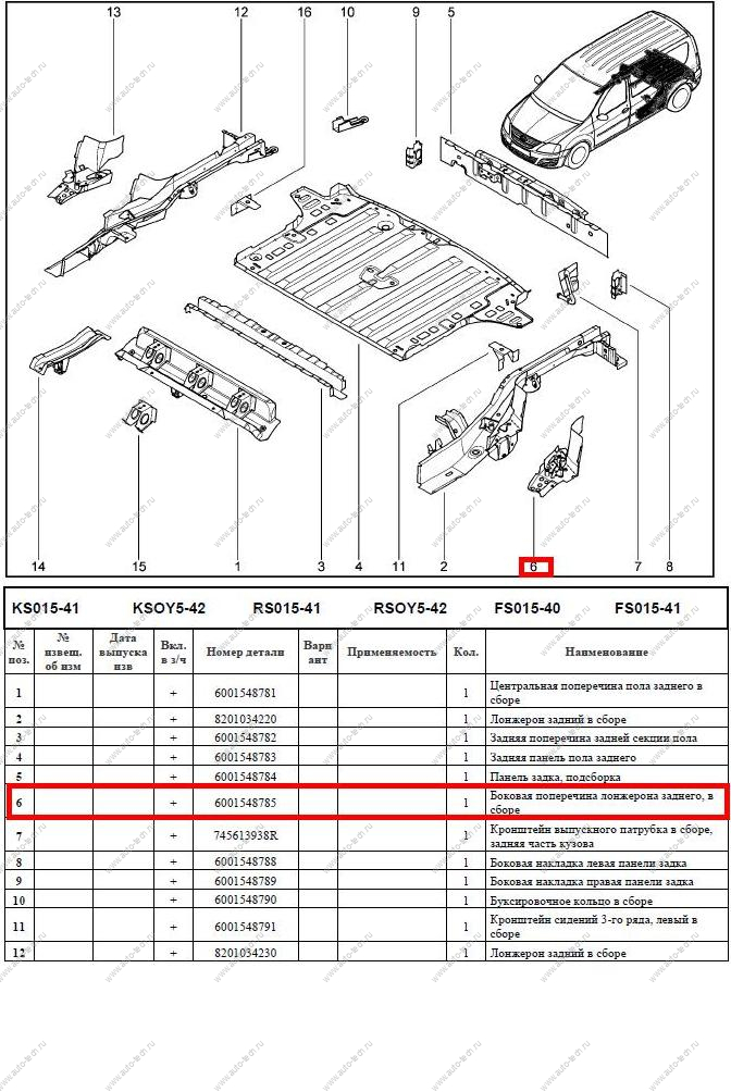 Поперечина боковая лонжерона LADA Largus/Лада Ларгус заднего левая Renault  6001548785