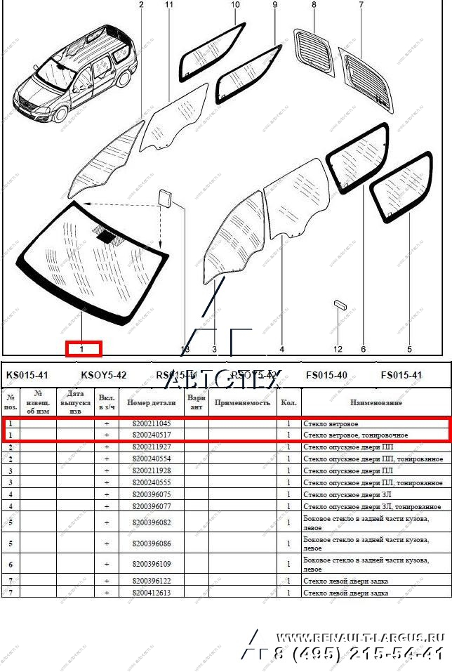 Стекло LADA Largus/RENAULT Logan лобовое бесцветное Renault LADA 8200211045