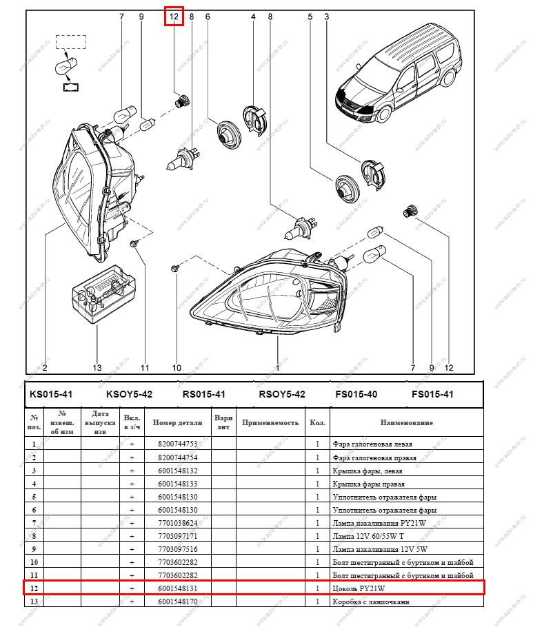 Гнездо повторителя сигнала поворота РY21W LADA Largus/Лада Ларгус Renault LADA 6001548131