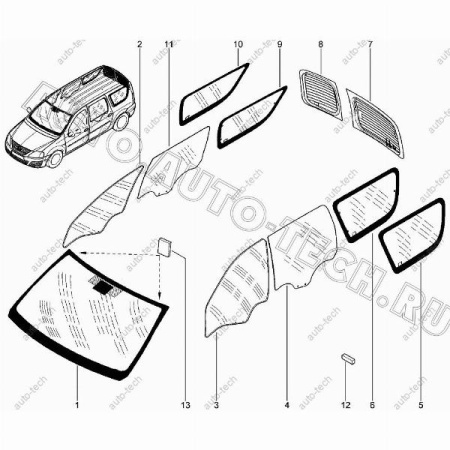 Стекло задней двери LADA Largus/Лада Ларгус правое бесцвет. (AGC) Lada LADA 4026739