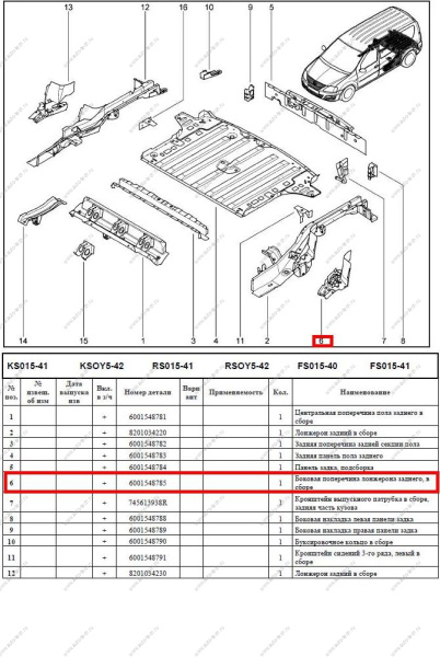 Поперечина боковая лонжерона LADA Largus/Лада Ларгус заднего левая Renault  6001548785
