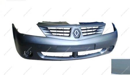 Бампер передний без птф RENAULT Logan/Рено Логан крашеный F98 Vert opaline Серебристый фаза 1 ПОЛОСА Кампласт Кампласт 6001549907-F98-ПОЛОСА