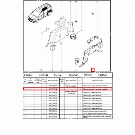 Обивка арки LADA Largus/Лада Ларгус боковины левая 7-мест 6001549621 Renault RENAULT 6001549618