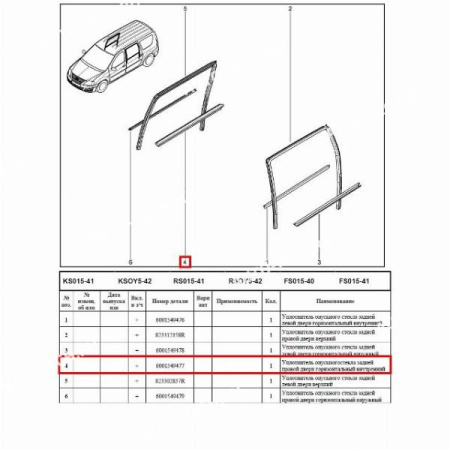 Уплотнитель опускного стекла задней правой двери горизонтал внутренний LADA Largus/Лада Ларгус Renault RENAULT 6001549477