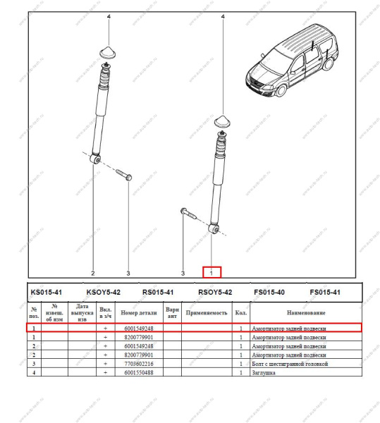 Амортизатор задней подвески LADA Largus/Лада Ларгус для универсала 1 шт. Renault RENAULT 6001549248