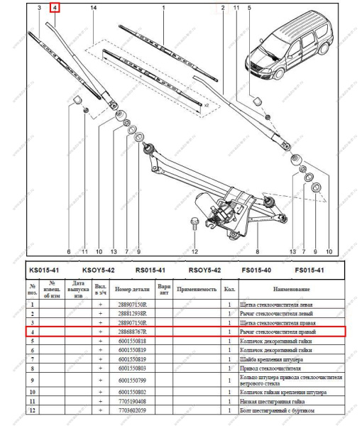 Поводок стеклоочистителя правый LADA Largus (без щетки) Renault RENAULT 288868767R