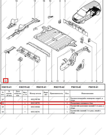 Поперечина задняя (т/б) LADA Largus/Лада Ларгус под сиденьем 3-го ряда Renault RENAULT 6001548792
