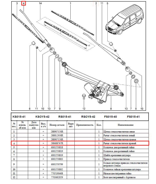 Поводок стеклоочистителя правый LADA Largus (без щетки) Renault RENAULT 288868767R