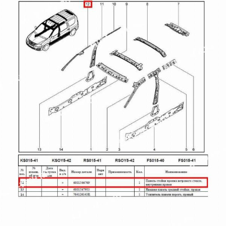 Панель стойки проема ветрового стекла LADA Largus/Лада Ларгус внутренняя правая Румыния Оригинал  6001546769