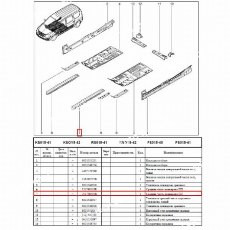 Лонжерон центральный левый под полом LADA Largus/Лада Ларгус Румыния Оригинал  751758525R