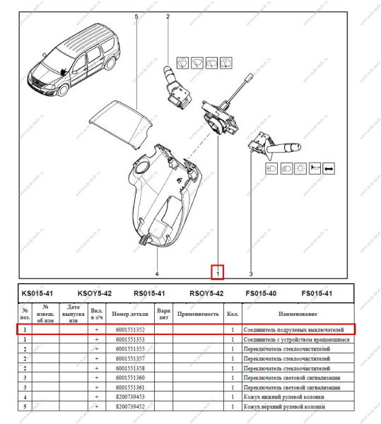 Выключатель поворотный LADA Largus/Лада Ларгус Renault RENAULT 6001551352
