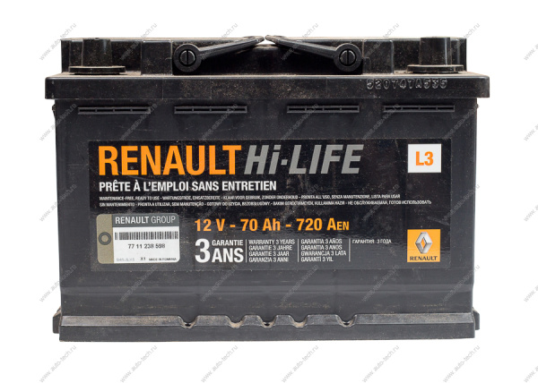 Аккумулятор L3 Renault Duster/Largus 70 AH 720A Kangoo 2 , Laguna 3 , Logan , Megane 3 Renault RENAULT 7711821598