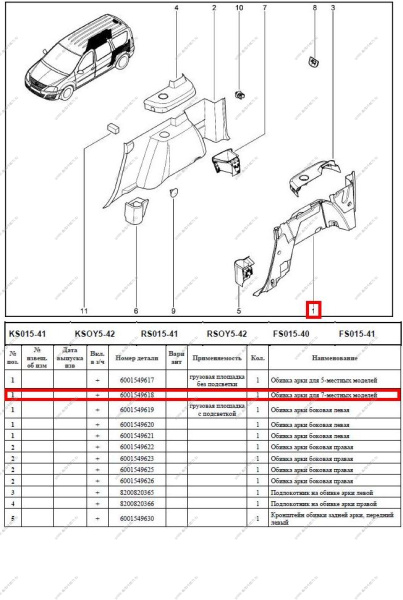 Обивка арки LADA Largus/Лада Ларгус боковины левая 7-мест 6001549621 Renault RENAULT 6001549618