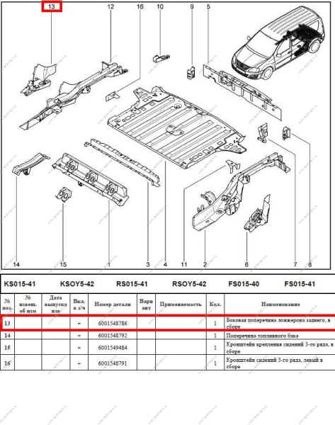 Поперечина боковая лонжерона LADA Largus/Лада Ларгус заднего правая Renault  6001548786